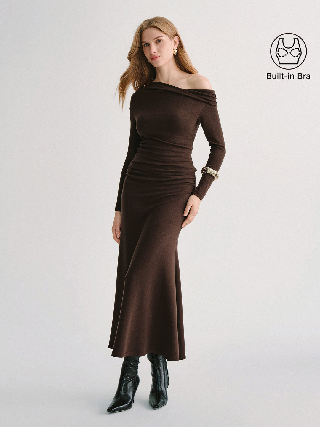 2Pcs Set Prowarm Neck  Built-In Bra Top 3.0 & Mid-Rise Ruched Flared Midi Skirt