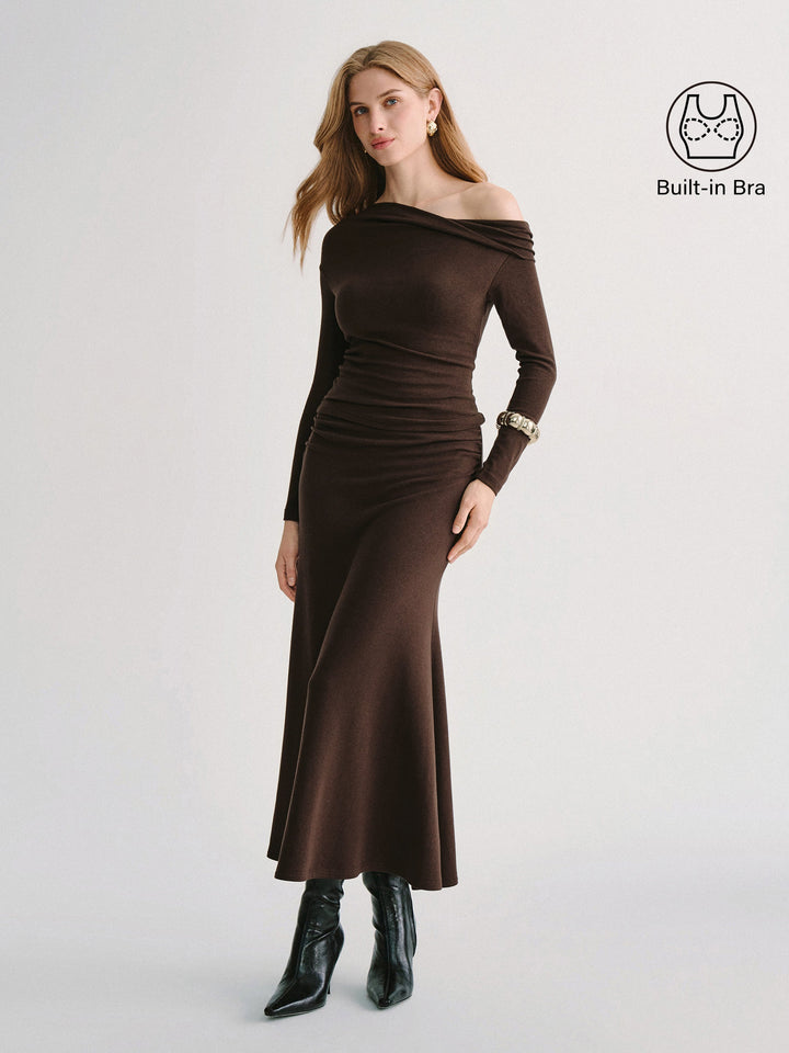 2Pcs Set Prowarm Neck  Built-In Bra Top 3.0 & Mid-Rise Ruched Flared Midi Skirt