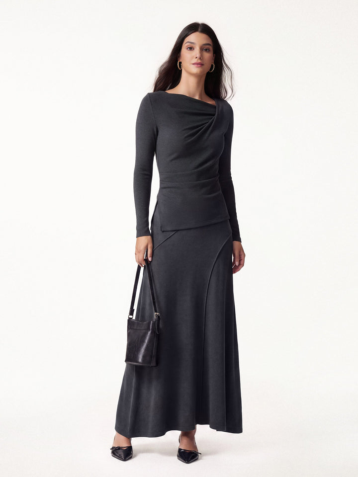 2Pcs Set LiteWarm Asymmetrical Neck Top & Drapey A-Line Midi Skirt