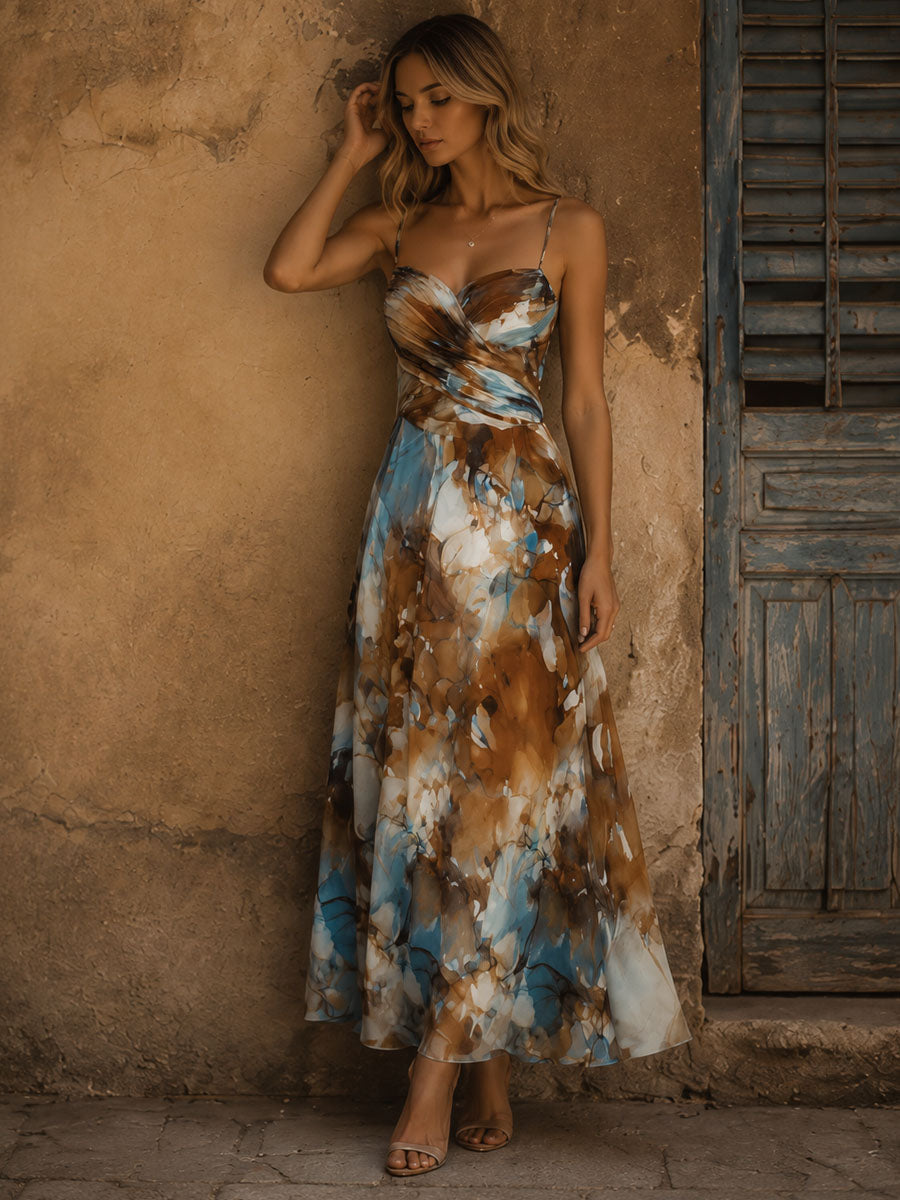 Boho Watercolor Print Chiffon Spaghetti Strap Maxi Dress