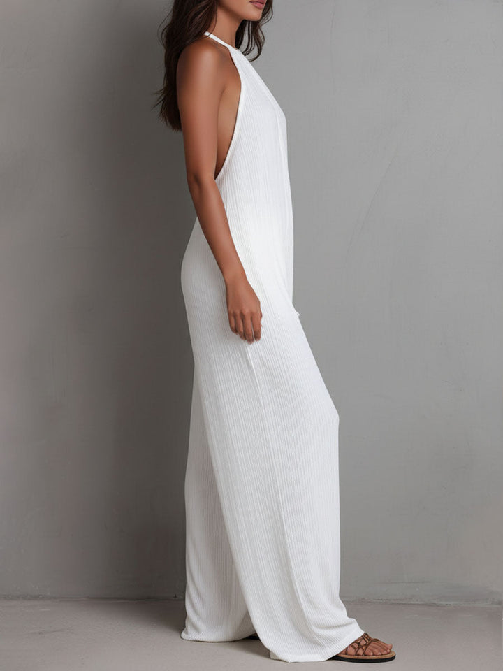 Resort White Pleated Halter Wide-Leg One-Piece Jumpsuit