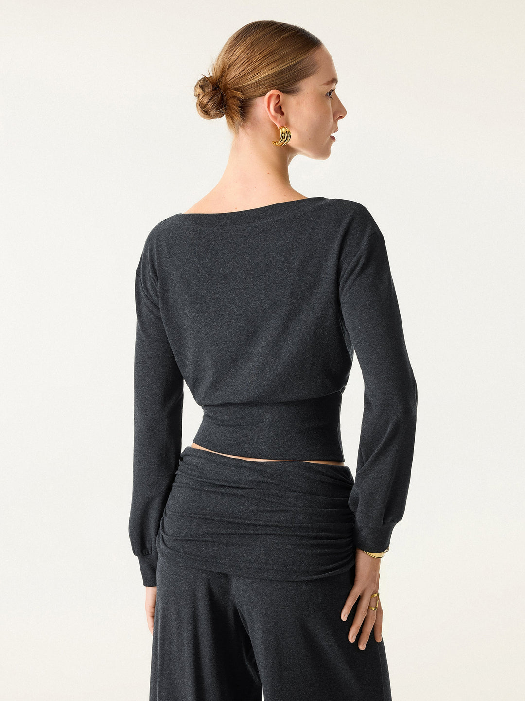 2Pcs Set Boatneck Built-In Bra Top 2.0 & Drapey Wide Leg Pull-on Pants with Pockets