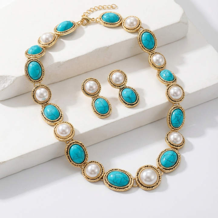 Turquoise pearl jewellery set displayed with necklace and earrings together