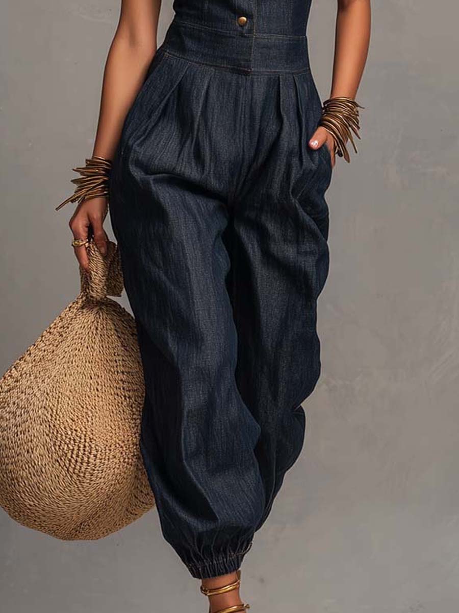 Retro Tencel Denim Sleeveless Jumpsuit