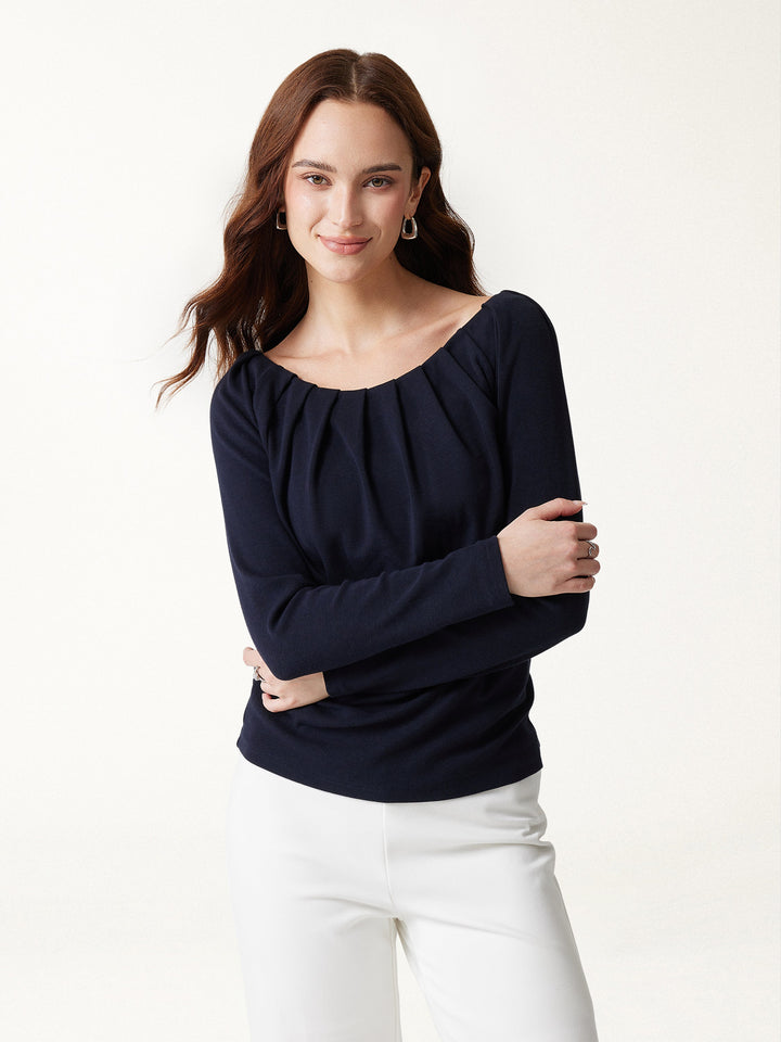 2Pcs Set LiteWarm Boatneck Long Sleeve Tucked Top & High-Rise A-Line Midi Skirt with Pockets