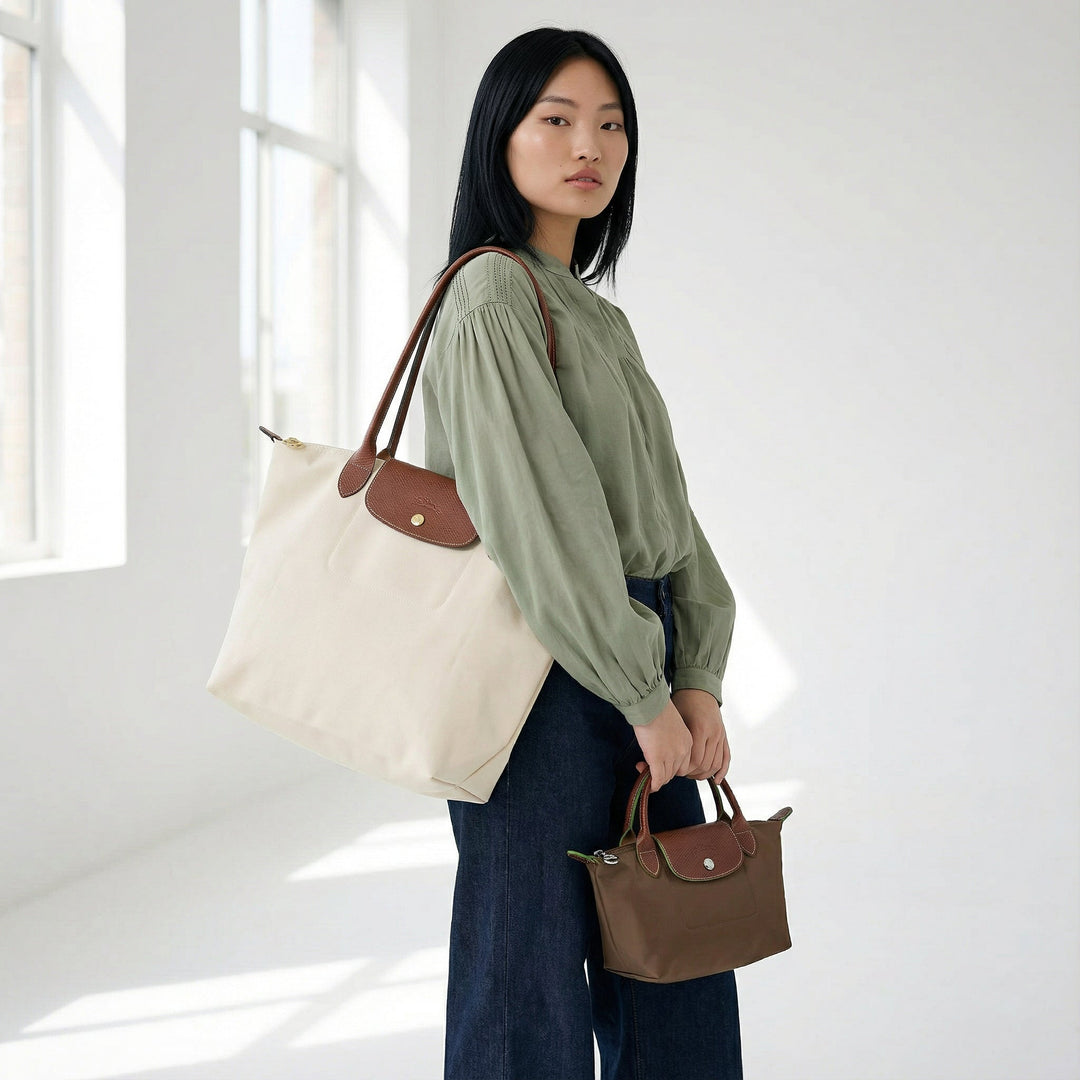 Longchamp Le Pliage Large Tote Bag Black worn over shoulder