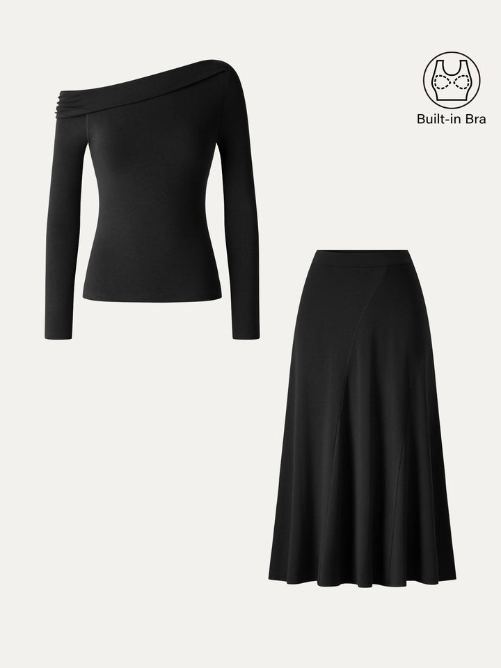 2Pcs Set LiteWarm Asymmetrical Built-In Bra Top 2.0 & High-Rise A-Line Midi Skirt