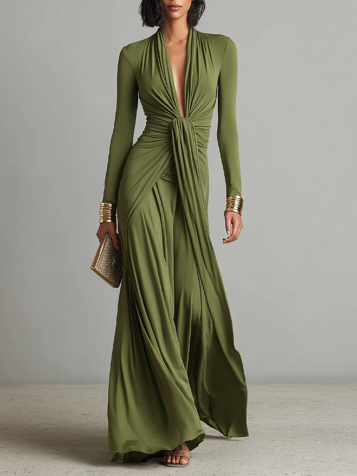 Olive Green Silk Maxi Dress — front view