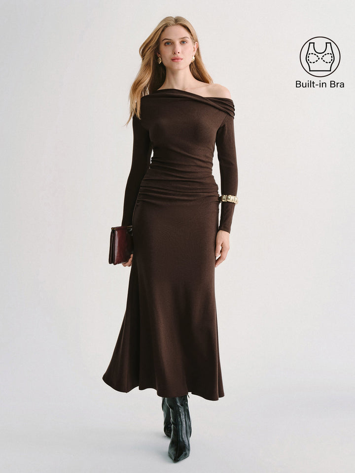 2Pcs Set Prowarm Neck  Built-In Bra Top 3.0 & Mid-Rise Ruched Flared Midi Skirt