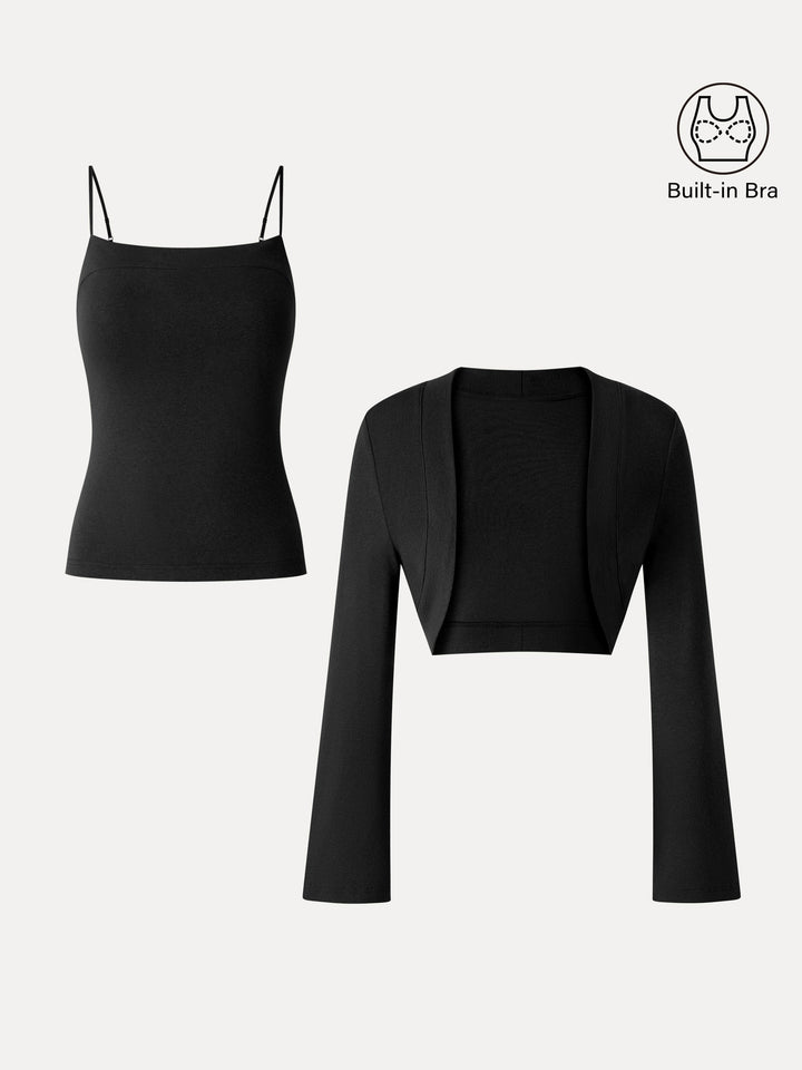 2-Piece Top Set LiteWarm Square Neck Spaghetti Strap Bell Sleeve Built-In Bra Cami 2.0