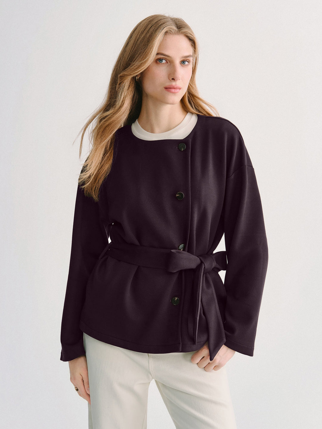 2Pcs Set Round Neck Long Sleeve Belted Jacket with Pockets & Mid-Rise Flared Pants with Pockets