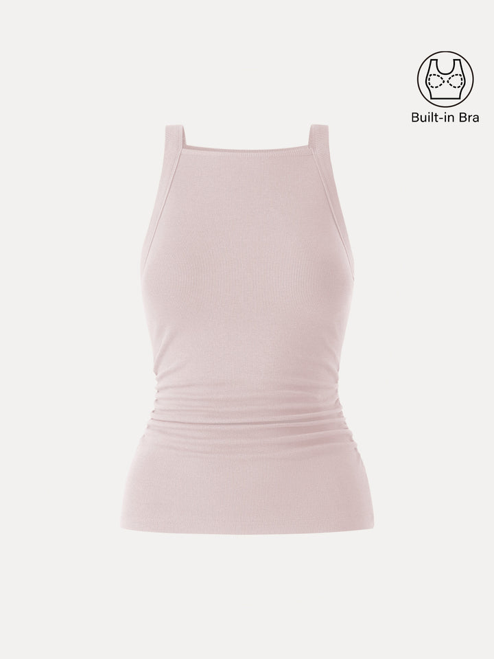 Plantive Chic Square Neck Ruched Rib Built-In Bra Tank 2.0