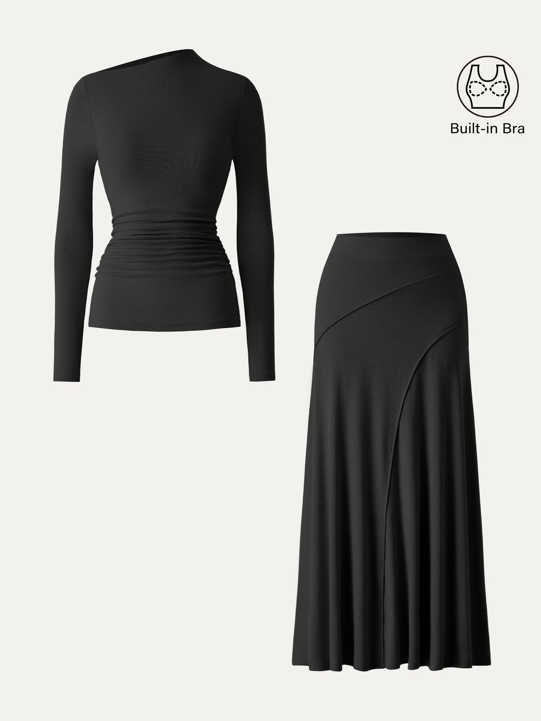2Pcs Set LiteWarm Asymmetrical Long Sleeve Built-In Bra Top 2.0 & A-Line Midi Skirt