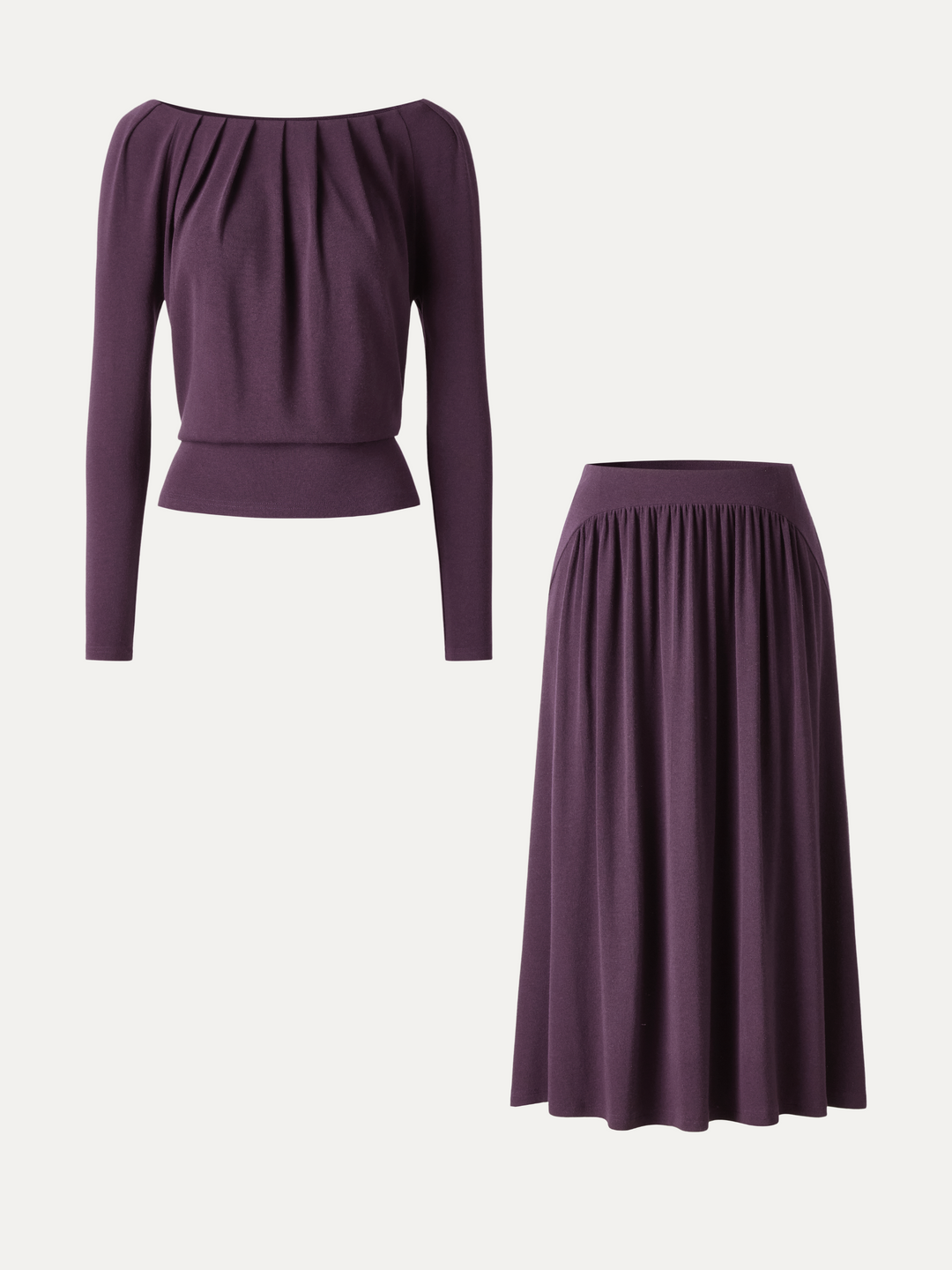 2Pcs Set LiteWarm Boatneck Long Sleeve Tucked Top & High-Rise A-Line Midi Skirt with Pockets