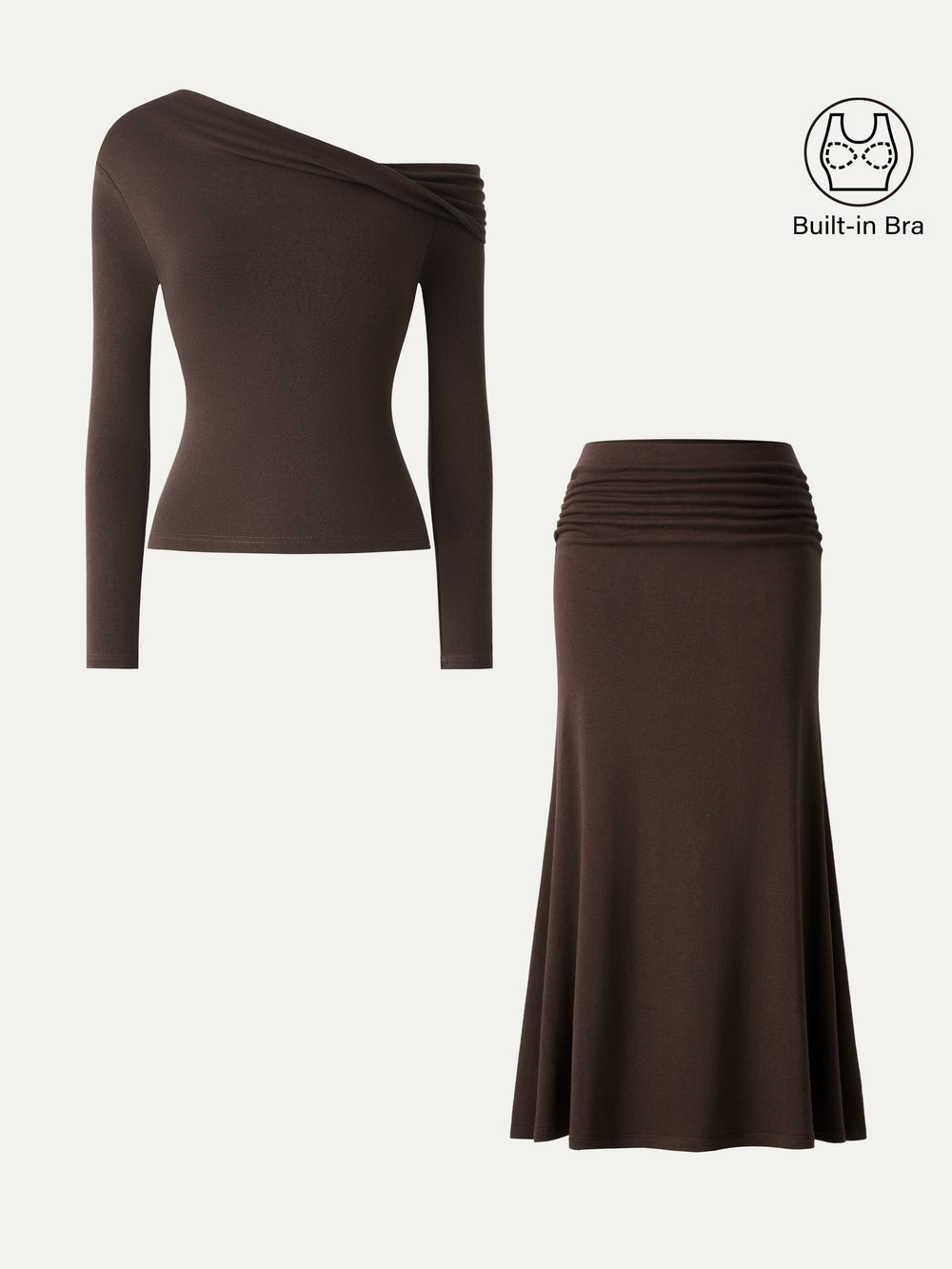 2Pcs Set Prowarm Neck  Built-In Bra Top 3.0 & Mid-Rise Ruched Flared Midi Skirt — women's women > bundles&sets > bundles, back view