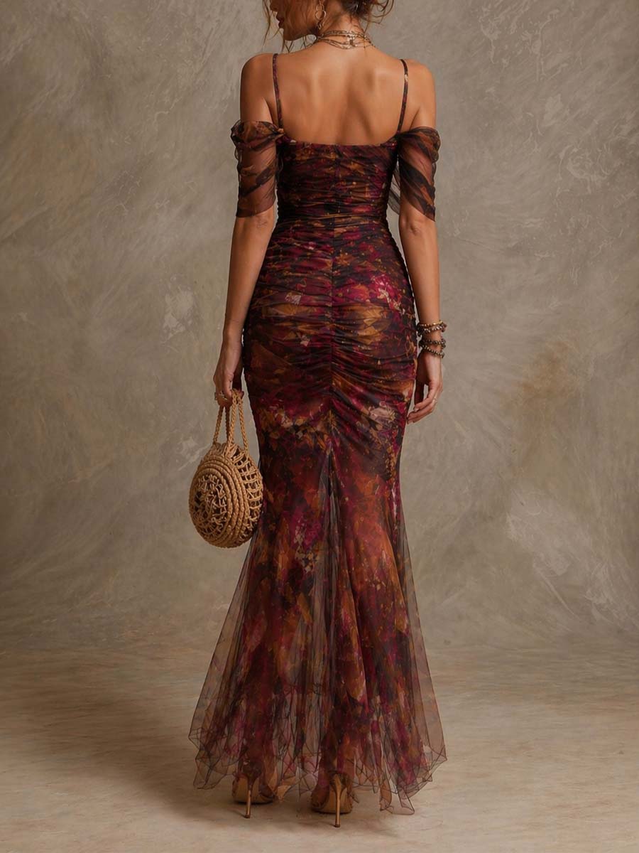 Vintage Floral Print Off-the-Shoulder Ruched Mesh Mermaid Maxi Dress | Harry & Kate London