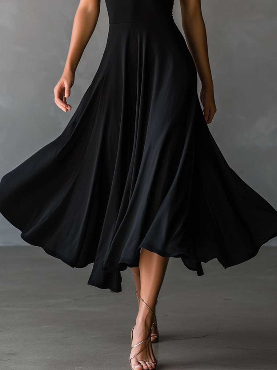 Retro Black Halter Cross Tie-back A-Line Midi Dress