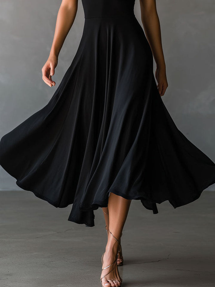 Retro Black Halter Cross Tie-back A-Line Midi Dress