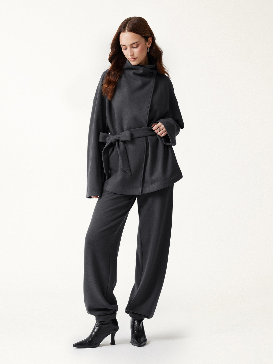 2Pcs Set Waterfall Lapel Belted Jacket with Pockets & Mid-Rise Balloon Pants with Pockets — women's women > bundles&sets > bundles, front view