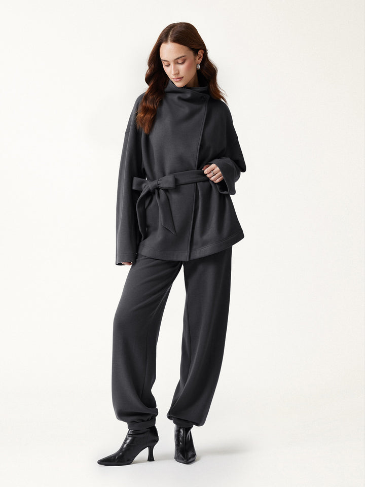 2Pcs Set Waterfall Lapel Belted Jacket with Pockets & Mid-Rise Balloon Pants with Pockets