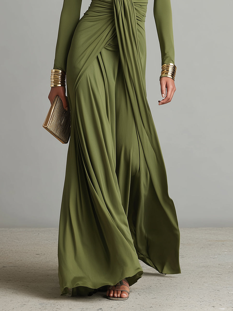 Olive Green Silk Maxi Dress — back view