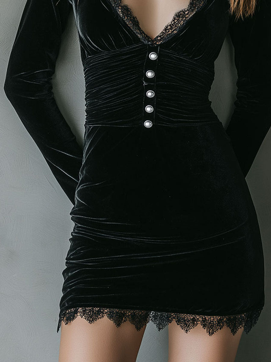 Chic Pleat Waist Black Velvet Mini Dress With Lace Trim