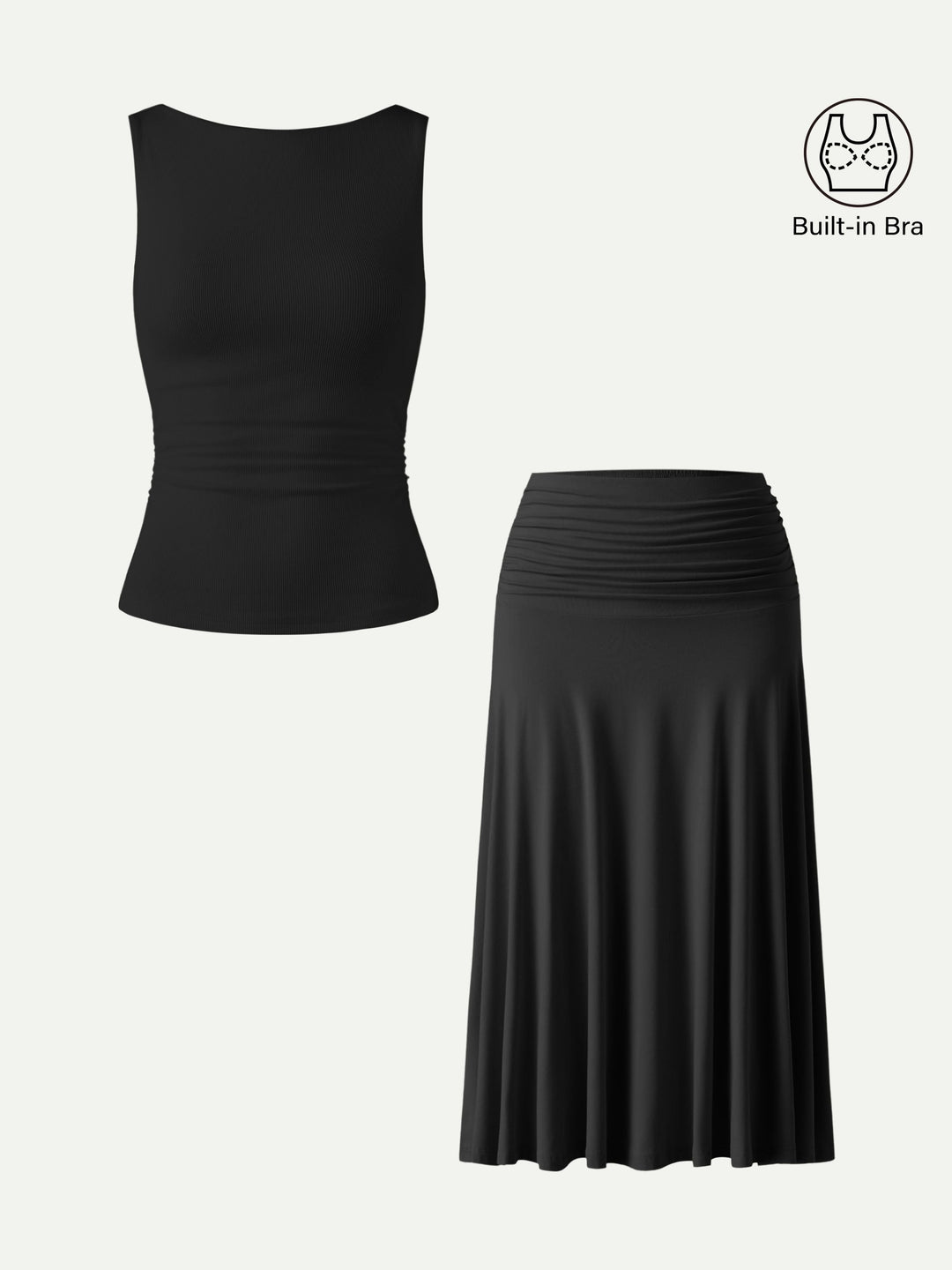 2Pcs Set Open Back Built-In Bra Tank 2.0 & Side Ruched A-line Midi Skirt