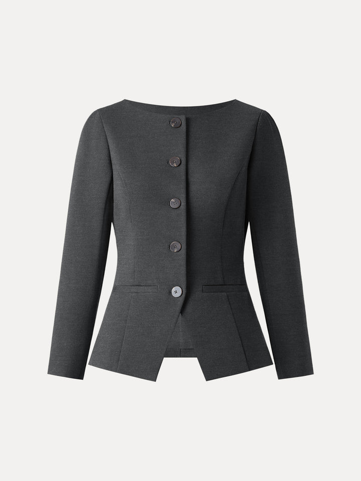 Ponte Office Round Neck Long Sleeve Jacket with Pockets