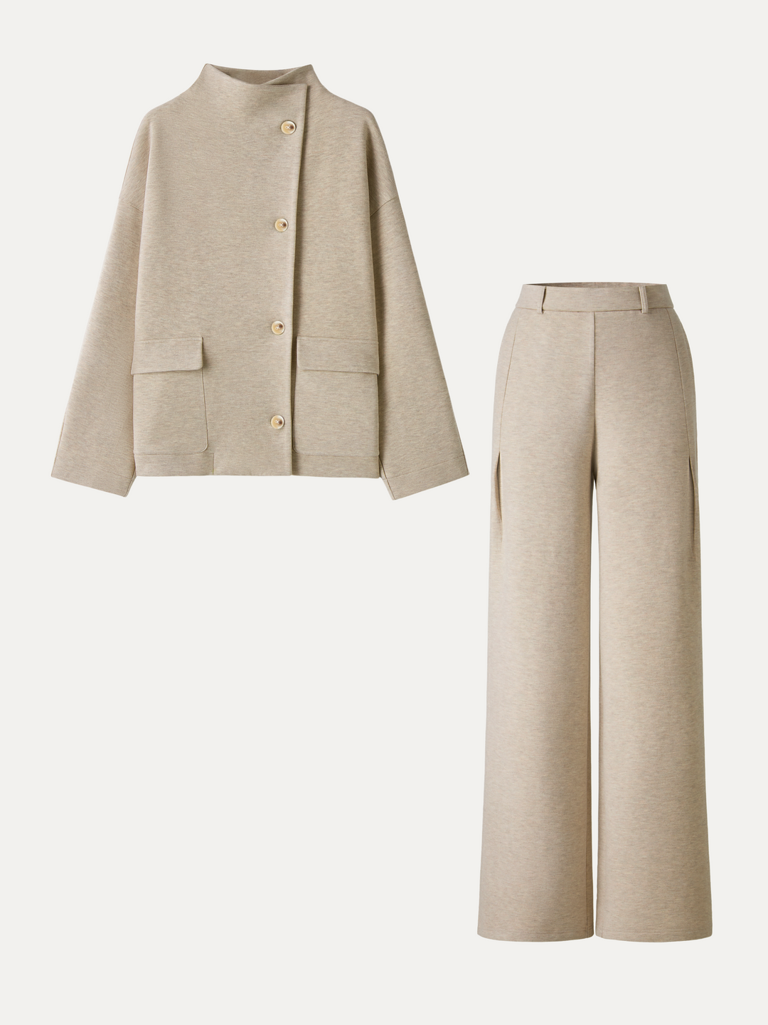 2Pcs Set FuzzLuxe Mock Neck Long Sleeve Jacket with Pockets & High-Rise Wide-Leg Tuck Pants with Welt Pockets