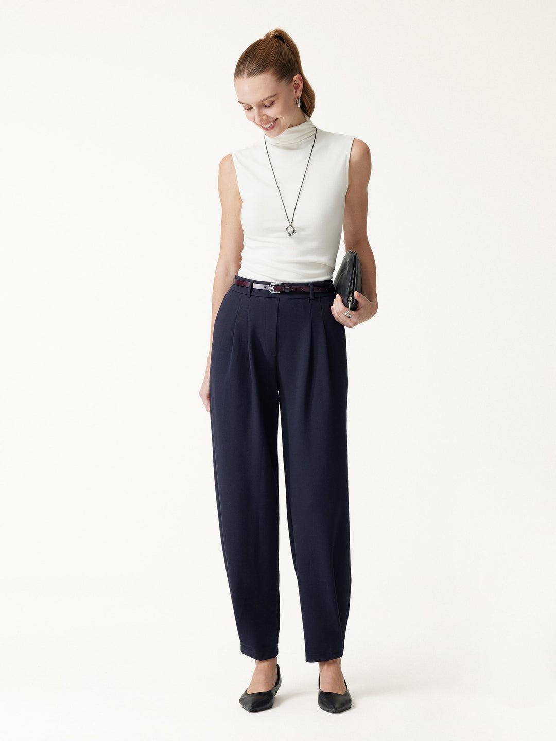 Petite Stretch Ponte High-Rise Ankle Tapered Tuck Pants with Pockets