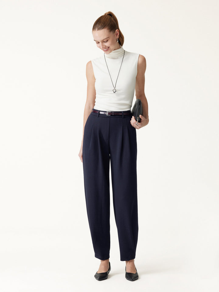 Petite Stretch Ponte High-Rise Ankle Tapered Tuck Pants with Pockets