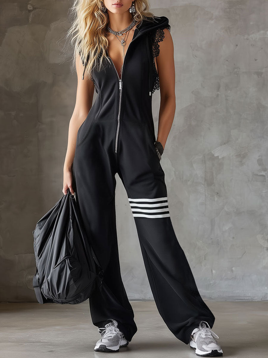 Daniela retro striped hooded jumpsuit women – front view