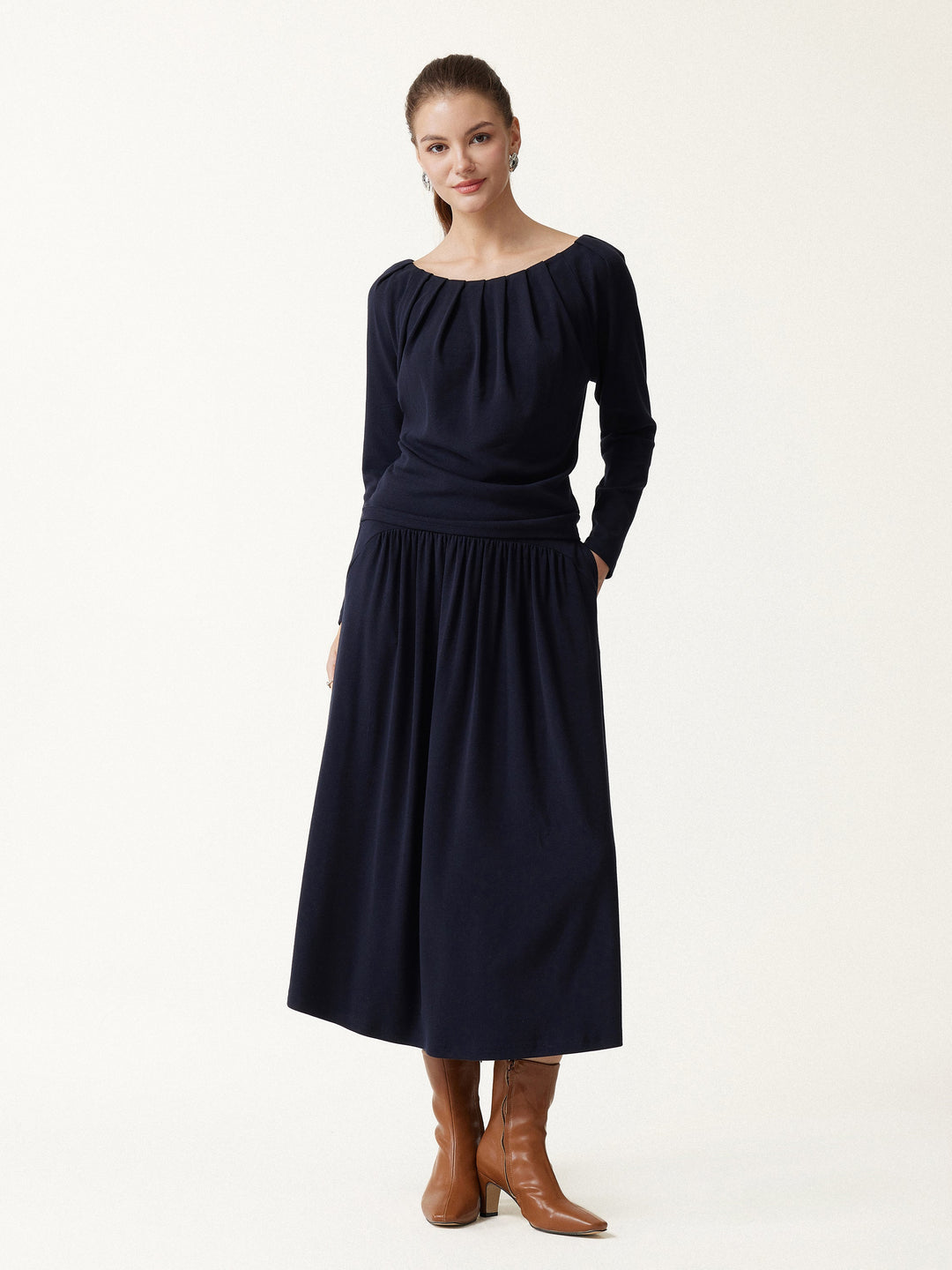2Pcs Set LiteWarm Boatneck Long Sleeve Tucked Top & High-Rise A-Line Midi Skirt with Pockets