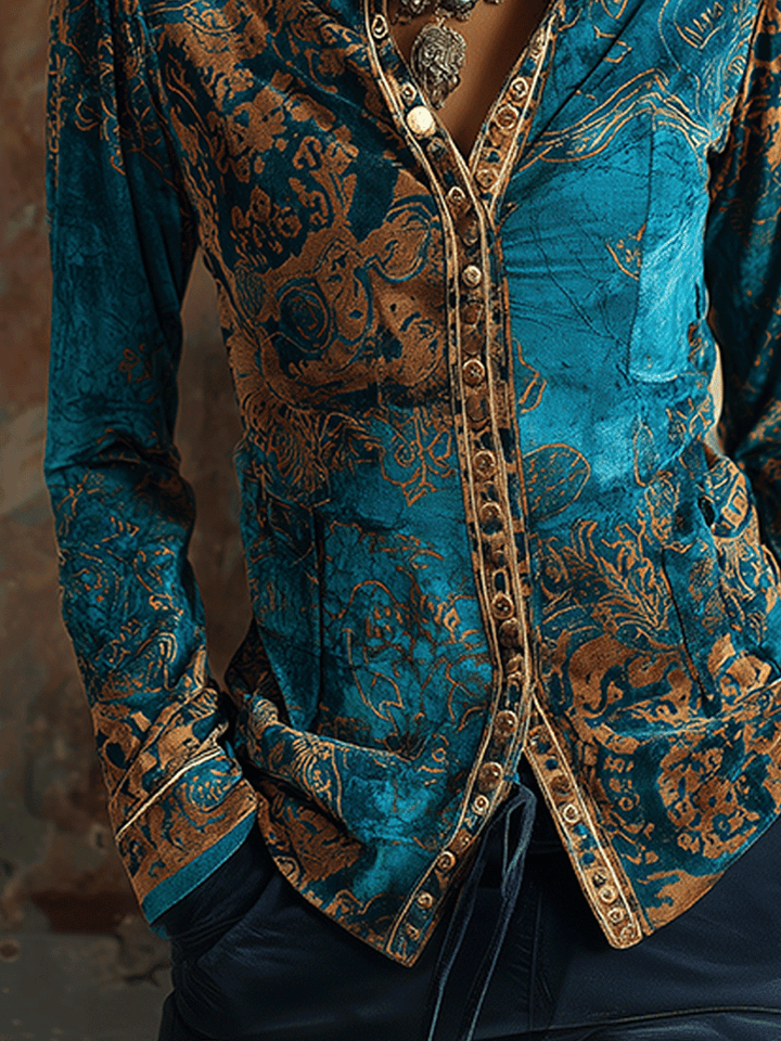 Boho Chic Vintage Peacock Blue Velvet Golden Print Fit Blouse