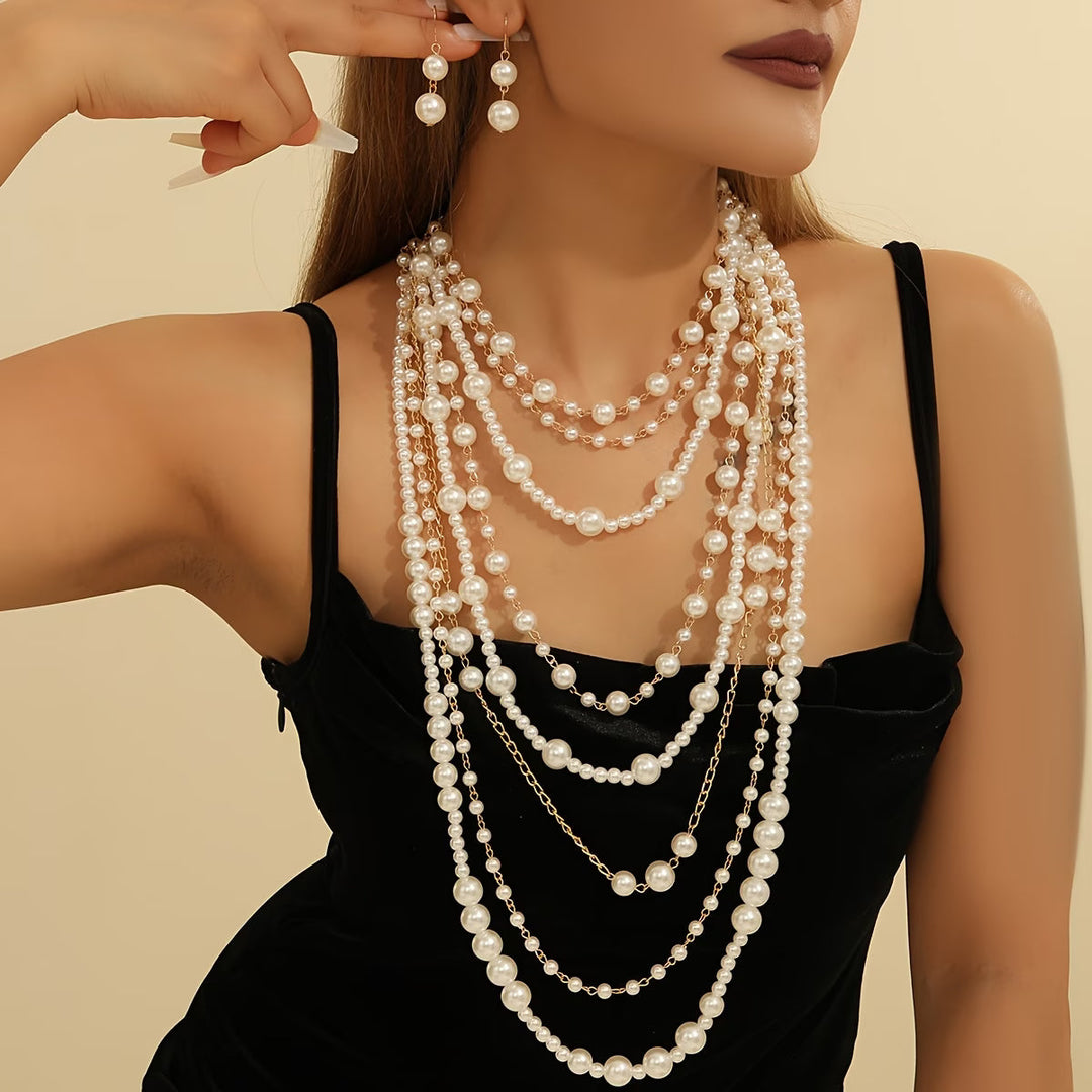 Boho multi-layered pearl statement set laid flat with all strands visible