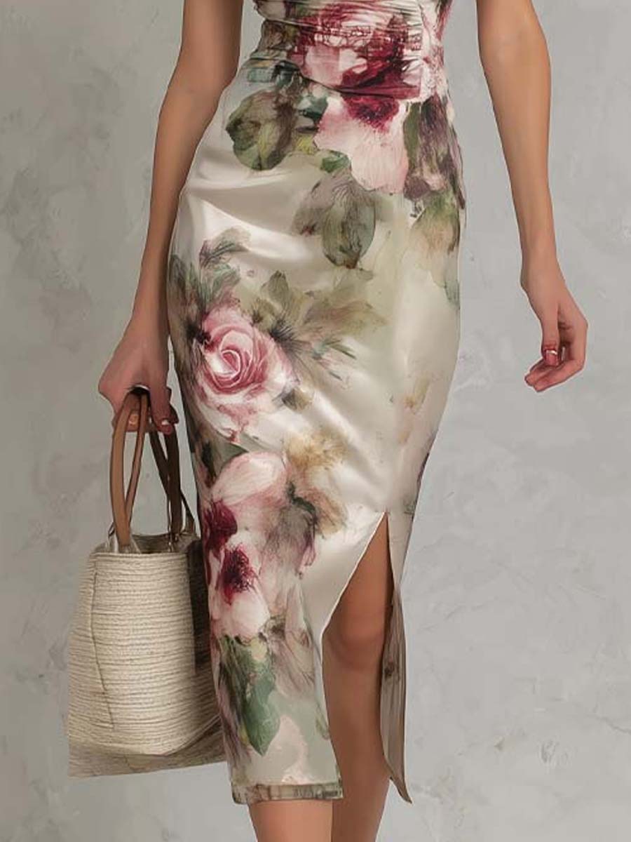 Satin Floral Print Ruched Midi Dress With Side Slit