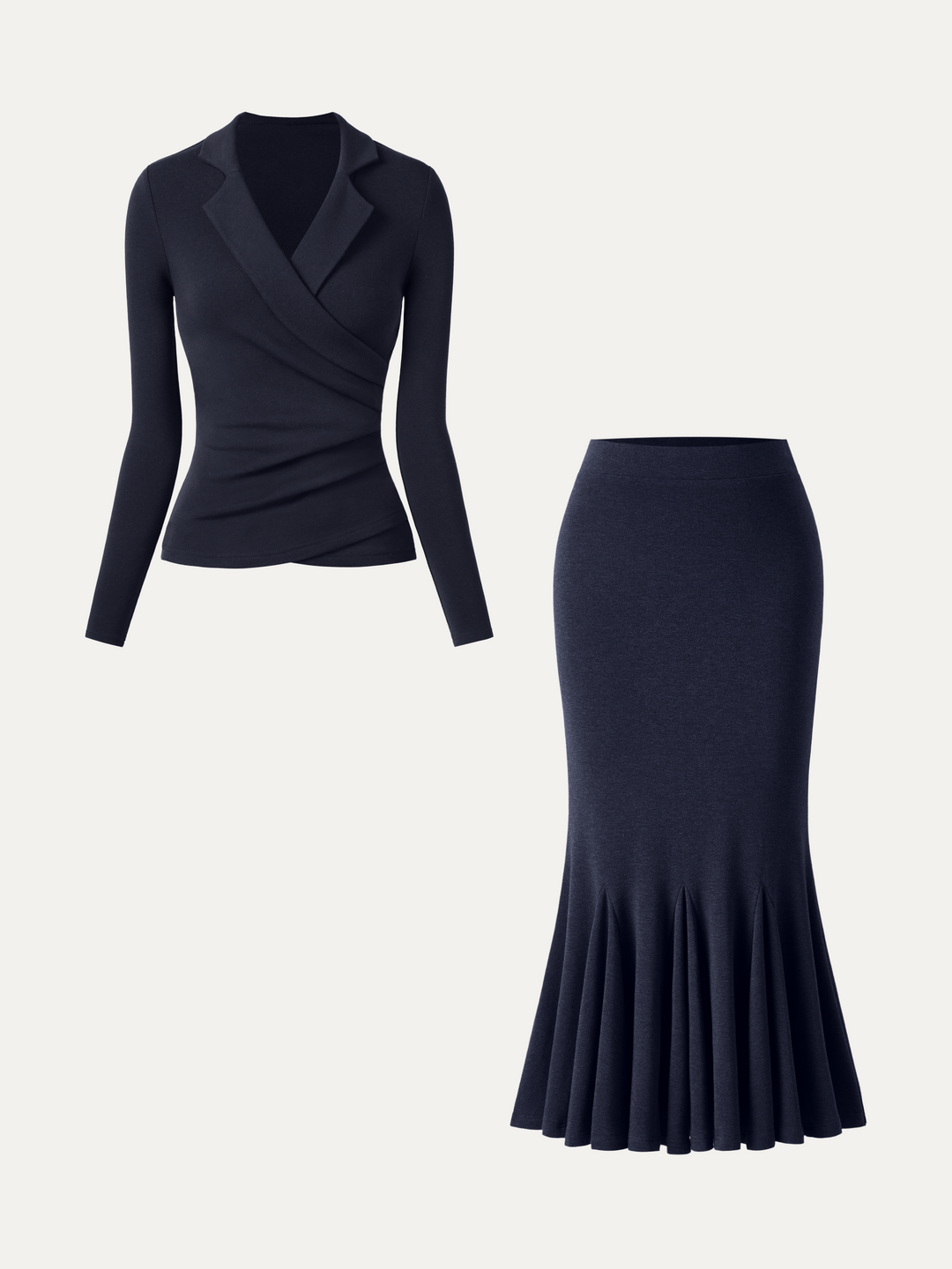 2Pcs Set ProWarm Collared Surplice Top & High-Rise Mermaid Midi Skirt