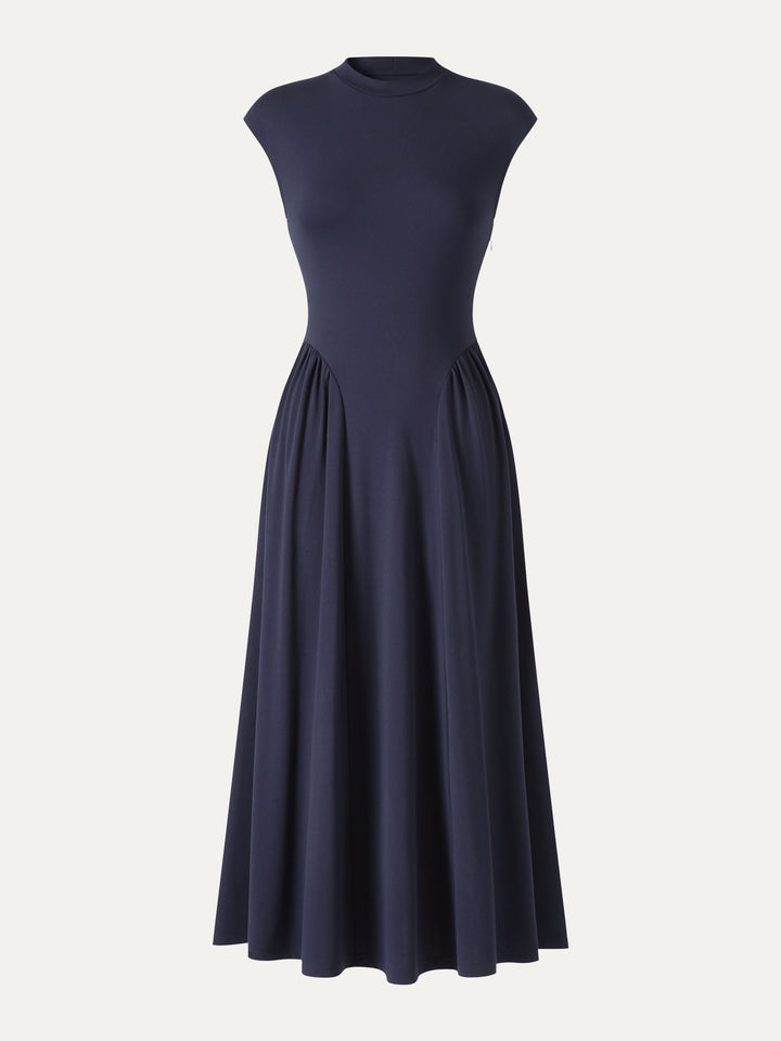 Ponte Mock Neck Ruched A-Line Midi Dress with Pockets
