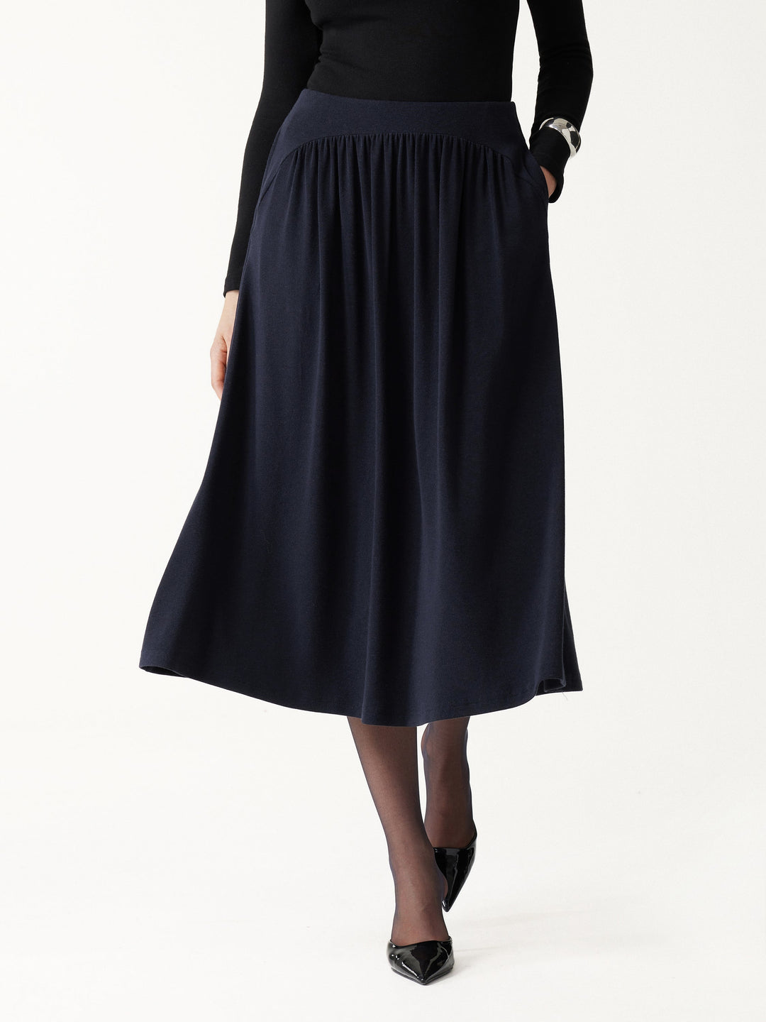 2Pcs Set LiteWarm Boatneck Long Sleeve Tucked Top & High-Rise A-Line Midi Skirt with Pockets