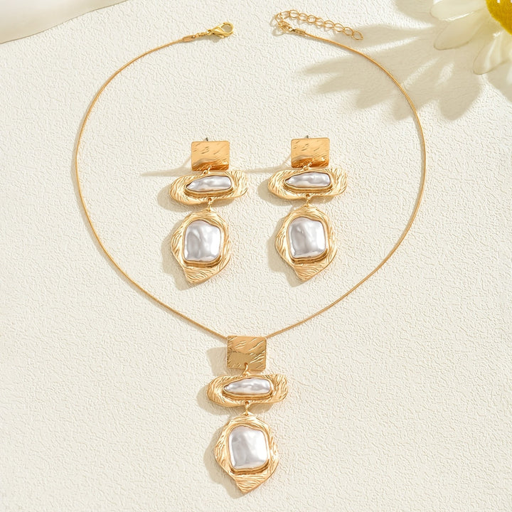 Model wearing the pearl mosaic necklace and earrings