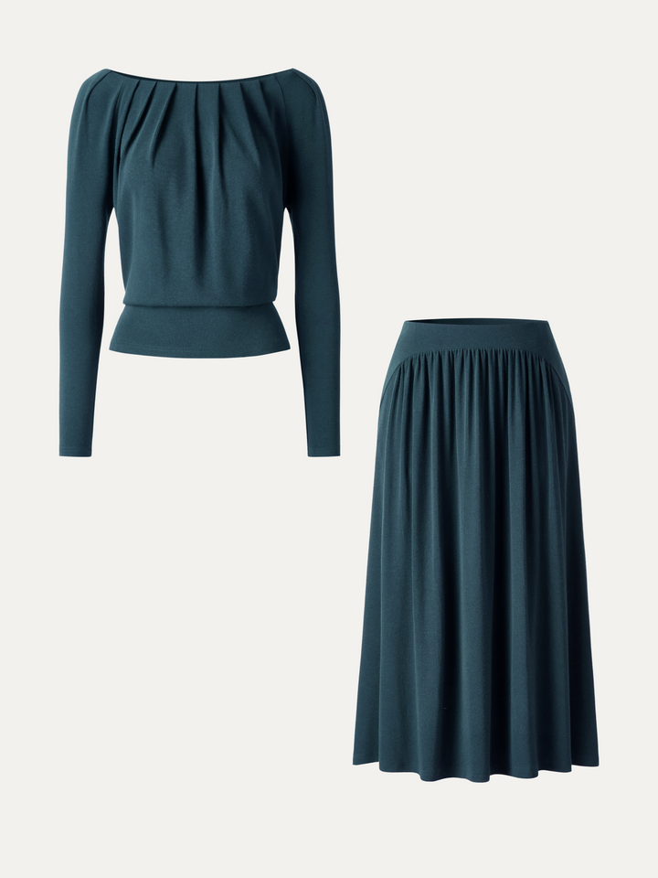 2Pcs Set LiteWarm Boatneck Long Sleeve Tucked Top & High-Rise A-Line Midi Skirt with Pockets
