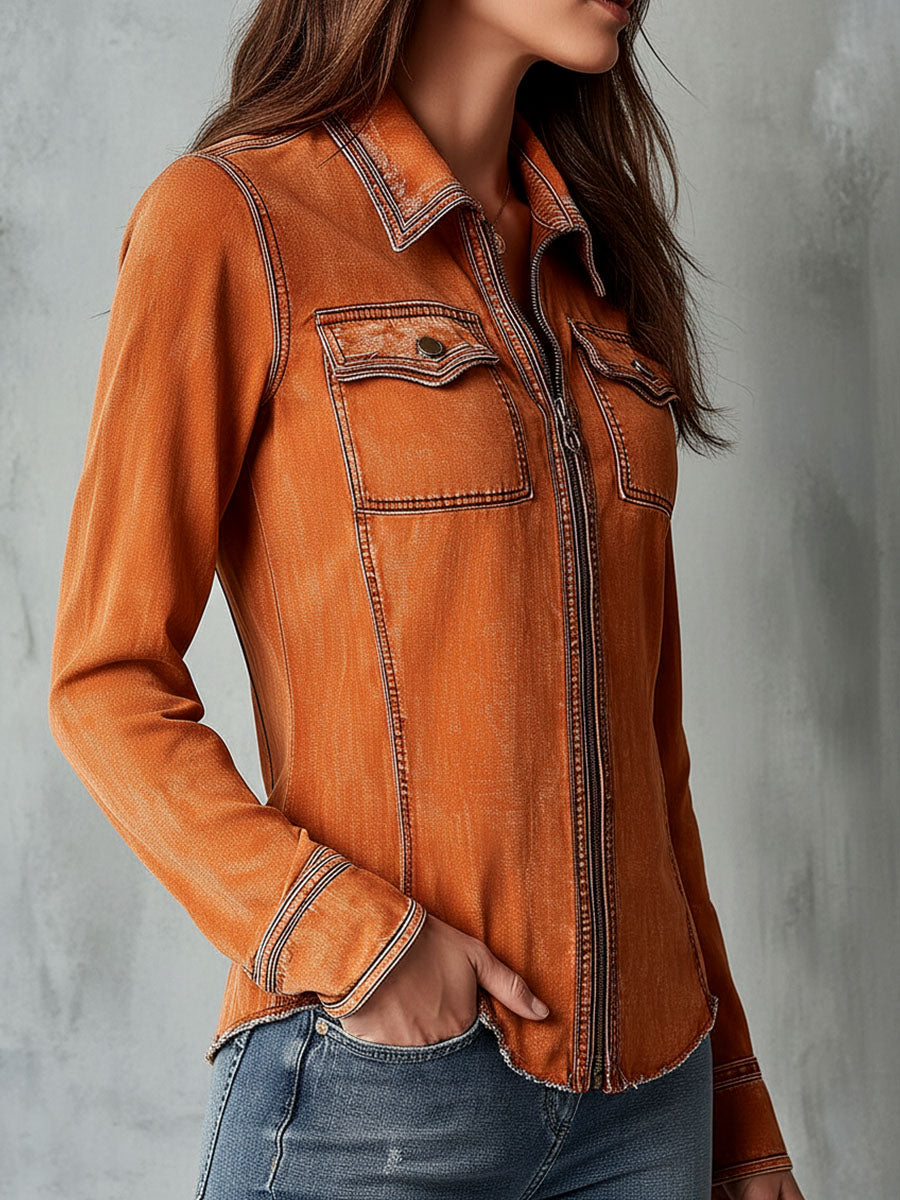 Vintage Burnt Orange Utility Zip Denim Jacket | Harry & Kate London