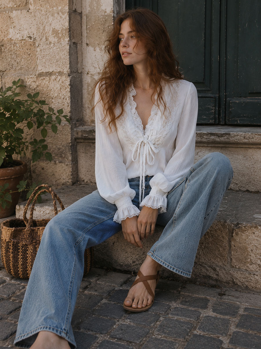Boho Ruffled V-Neck White Pleated Lace Tie-Front Blouse