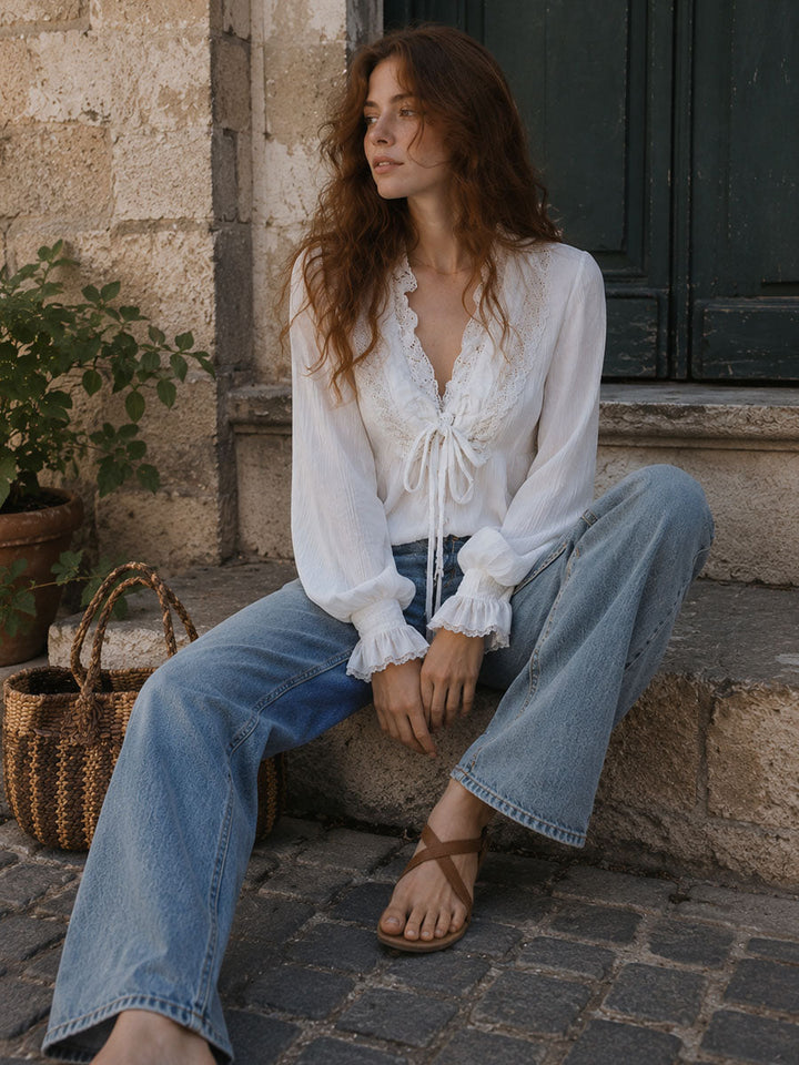 Boho Ruffled V-Neck White Pleated Lace Tie-Front Blouse