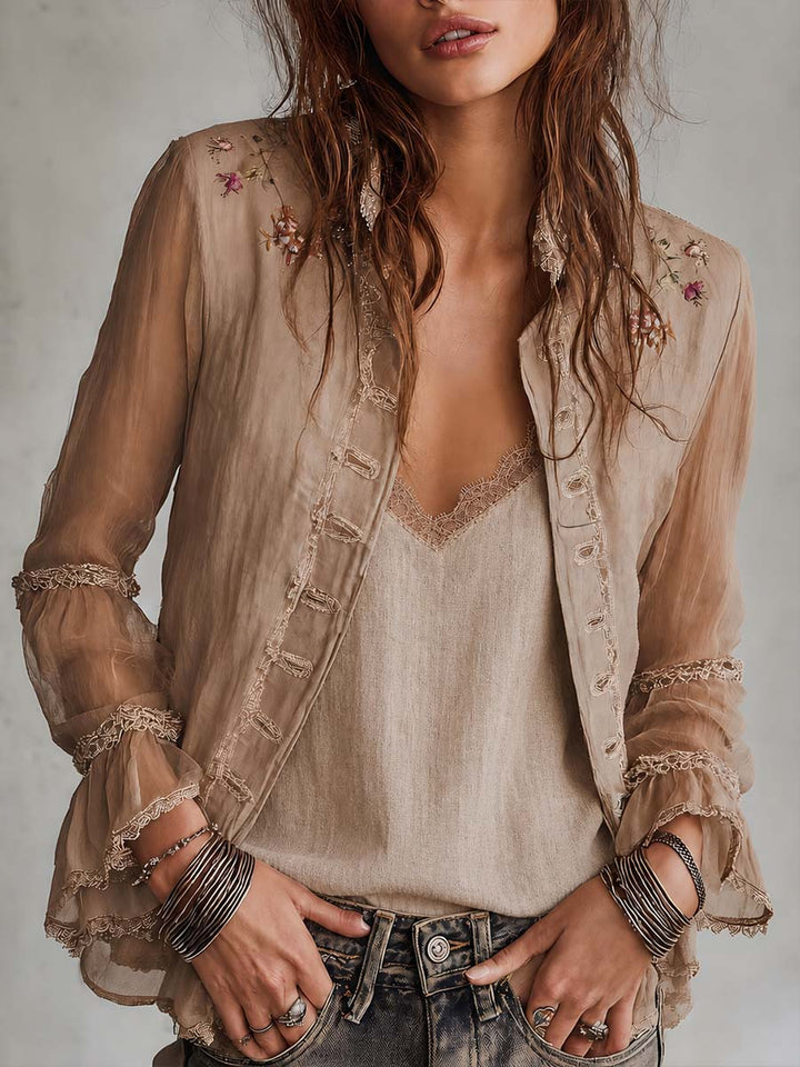 Vintage Sheer Sleeves Embroideried Cotton-linen Blazer | Harry & Kate London