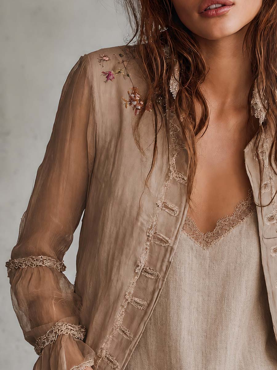 Vintage Sheer Sleeves Embroideried Cotton-linen Blazer | Harry & Kate London