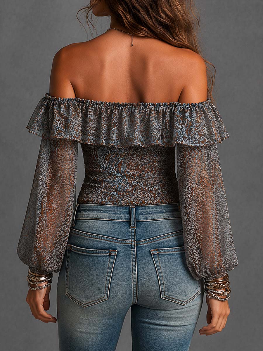 Boho Paisley Print Off-Shoulder Ruffle Sheer Puff-Sleeve Top