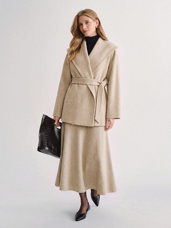 2Pcs Set Shawl Collar Belted Jacket & Mid-Rise Circle Midi Skirt