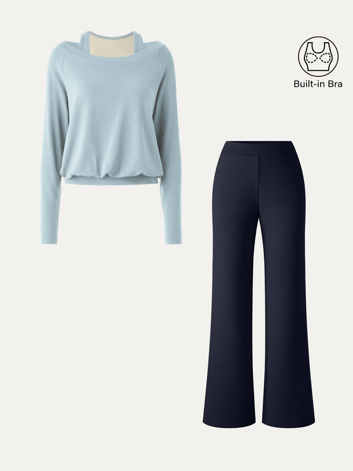 2Pcs Set Multi-Wear Built-In Bra Top 3.0 & Slim Flared Pants with Pockets