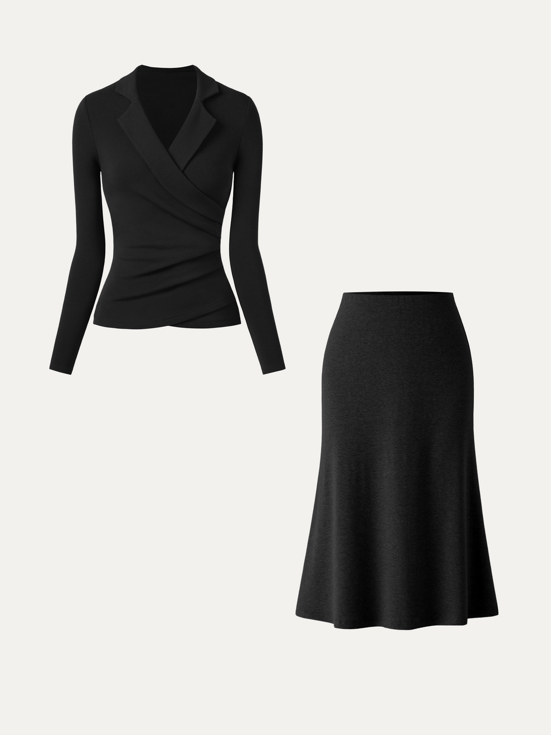 2Pcs Set ProWarm Collared Surplice Top & Soft Thermal Pull-On Midi Skirt